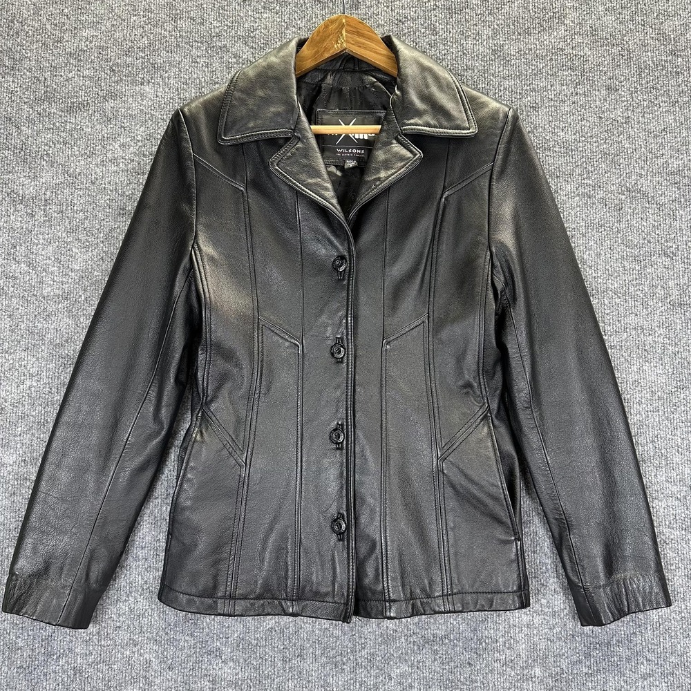 Wilsons Maxima Leather Jacket Womens Small Black Button Front Lined Pockets